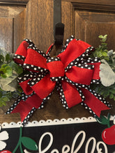 Load image into Gallery viewer, Hello Door Hanger | Red & Black Cherry Wood Round | Front Door Sign | Handcrafted Welcome Sign | Year-Round Porch Decor