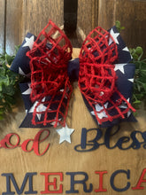 Load image into Gallery viewer, God Bless America Door Hanger | 19" Patriotic Round Sign | Hand Painted Birch Wood | 4th of July Front Door Decor