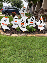 Load image into Gallery viewer, Personalized Ghost Yard Stakes – 6 Piece Wooden Halloween Décor Set – Laser Cut Faces & Bows – Custom Family Name Ghosts