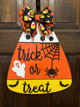 Load image into Gallery viewer, Trick or Treat Candy Corn Door Hanger | Wooden Halloween Sign | Hand Painted & Laser Cut | Ghost, Spider & Bat Décor