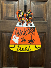 Load image into Gallery viewer, Trick or Treat Candy Corn Door Hanger | Wooden Halloween Sign | Hand Painted & Laser Cut | Ghost, Spider & Bat Décor