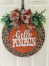 Load image into Gallery viewer, "Hello Pumpkin" Leopard Print Door Hanger | Scalloped Wood Sign with Eucalyptus Greenery & Pumpkin Bow | Fall Front Door Decor