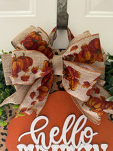 Load image into Gallery viewer, "Hello Pumpkin" Leopard Print Door Hanger | Scalloped Wood Sign with Eucalyptus Greenery & Pumpkin Bow | Fall Front Door Decor