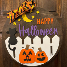 Load image into Gallery viewer, Happy Halloween Black Cat On A Fence With Jack-o-lanterns