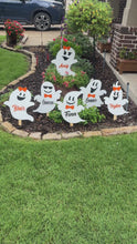 Load and play video in Gallery viewer, Personalized Ghost Yard Stakes – 6 Piece Wooden Halloween Décor Set – Laser Cut Faces & Bows – Custom Family Name Ghosts