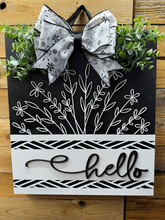 z Black and White Floral Hello Square Door Hanger