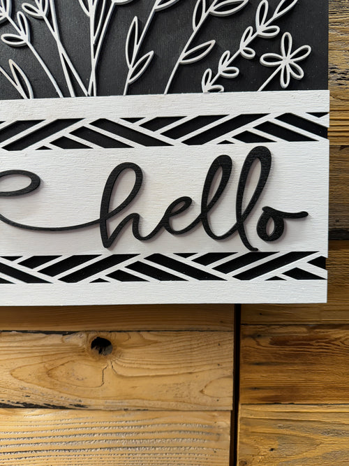 Black and White Floral Hello Square Door Hanger