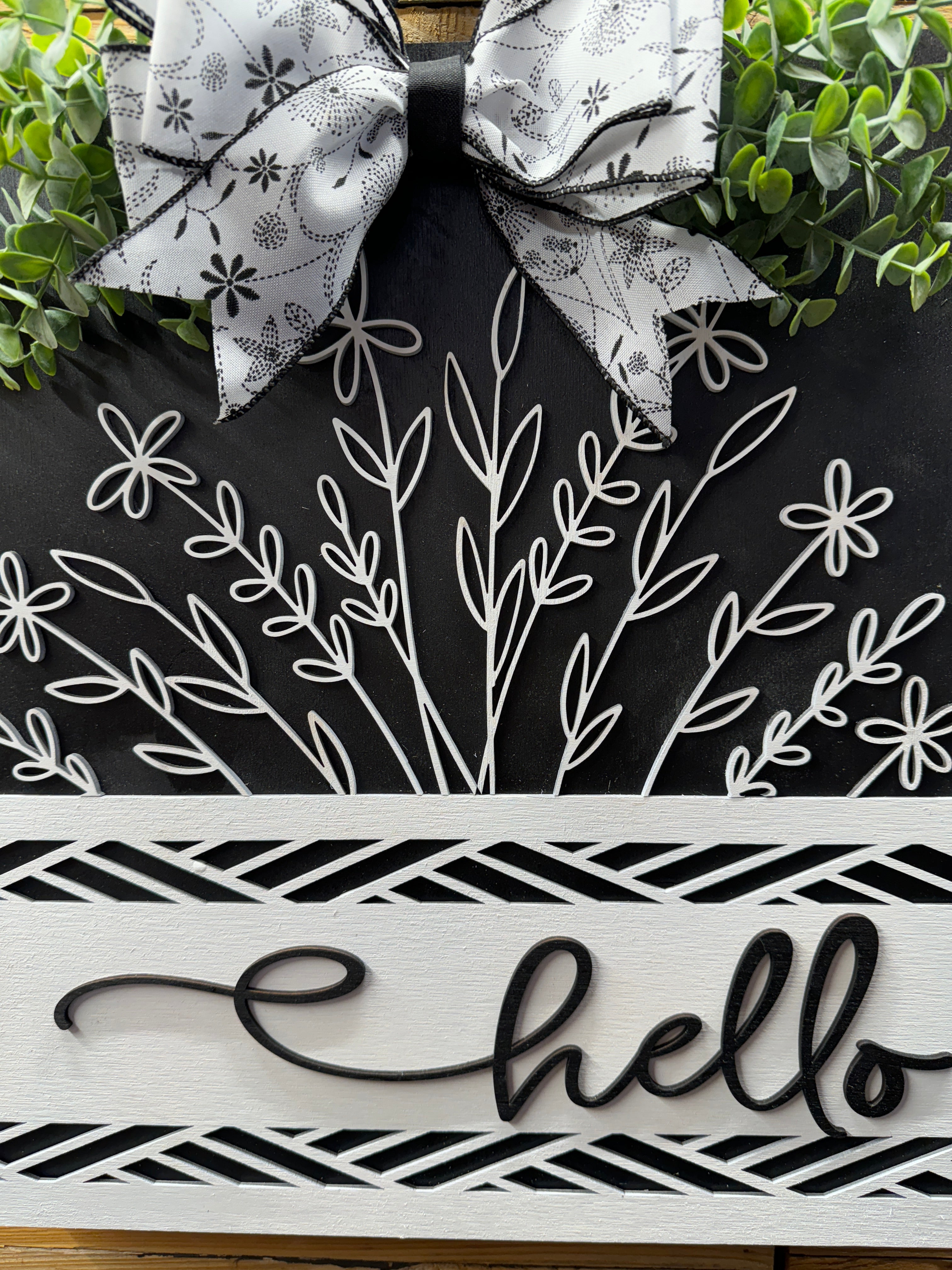 Black and White Floral Hello Square Door Hanger
