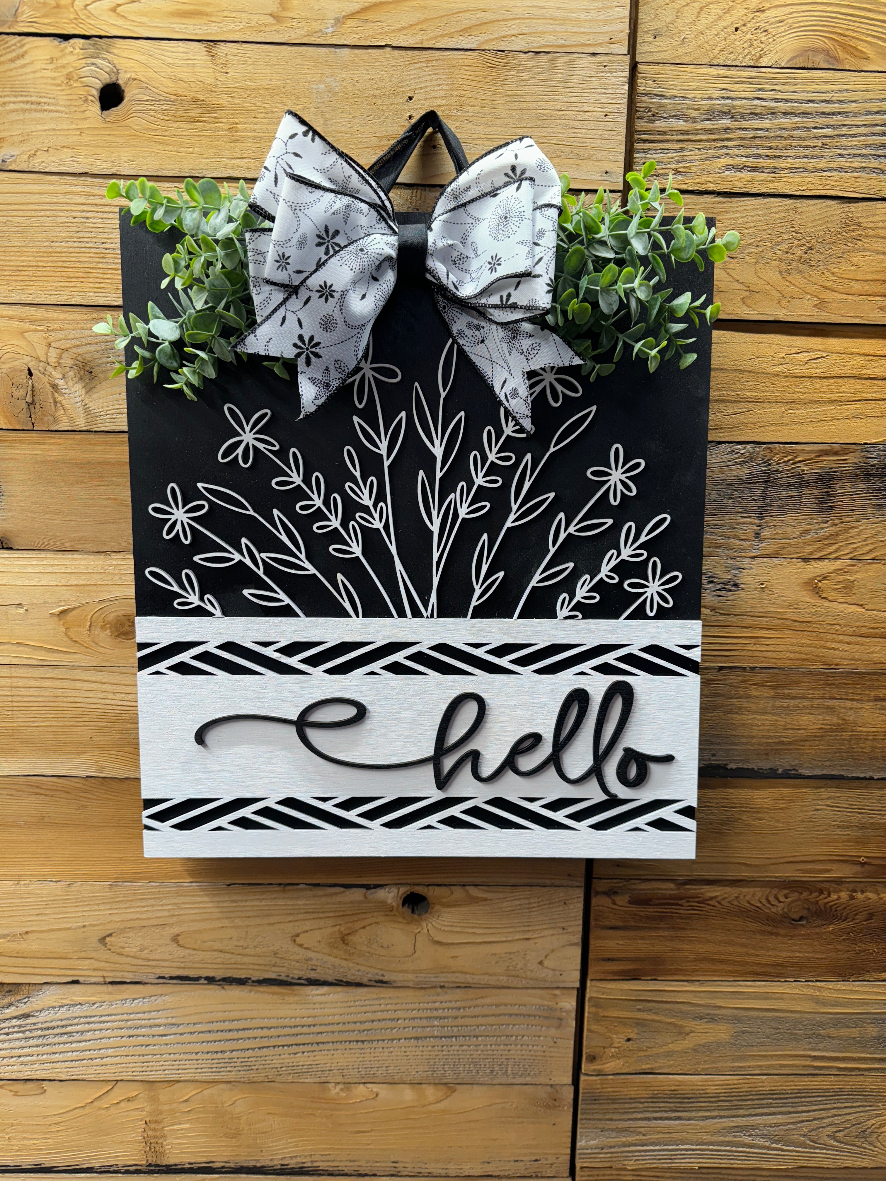 Black and White Floral Hello Square Door Hanger