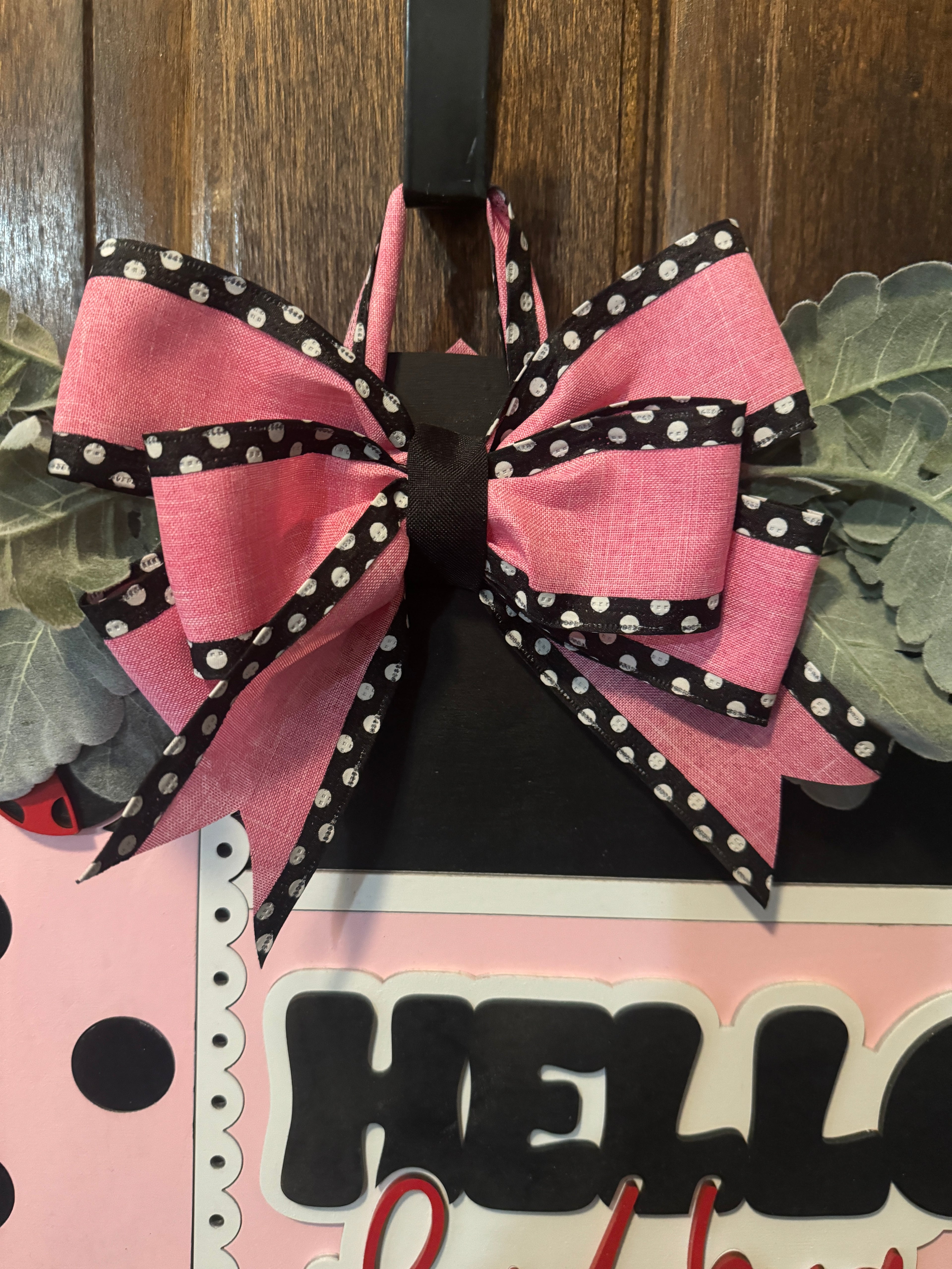 Hello Pink &amp; Black Door Hanger – Hand-Painted 18" Laser-Cut Wood Round – Front Door Decor, Year-Round Welcome Sign, Modern Entryway Accent