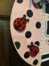 Load image into Gallery viewer, Hello Pink &amp; Black Door Hanger – Hand-Painted 18&quot; Laser-Cut Wood Round – Front Door Decor, Year-Round Welcome Sign, Modern Entryway Accent
