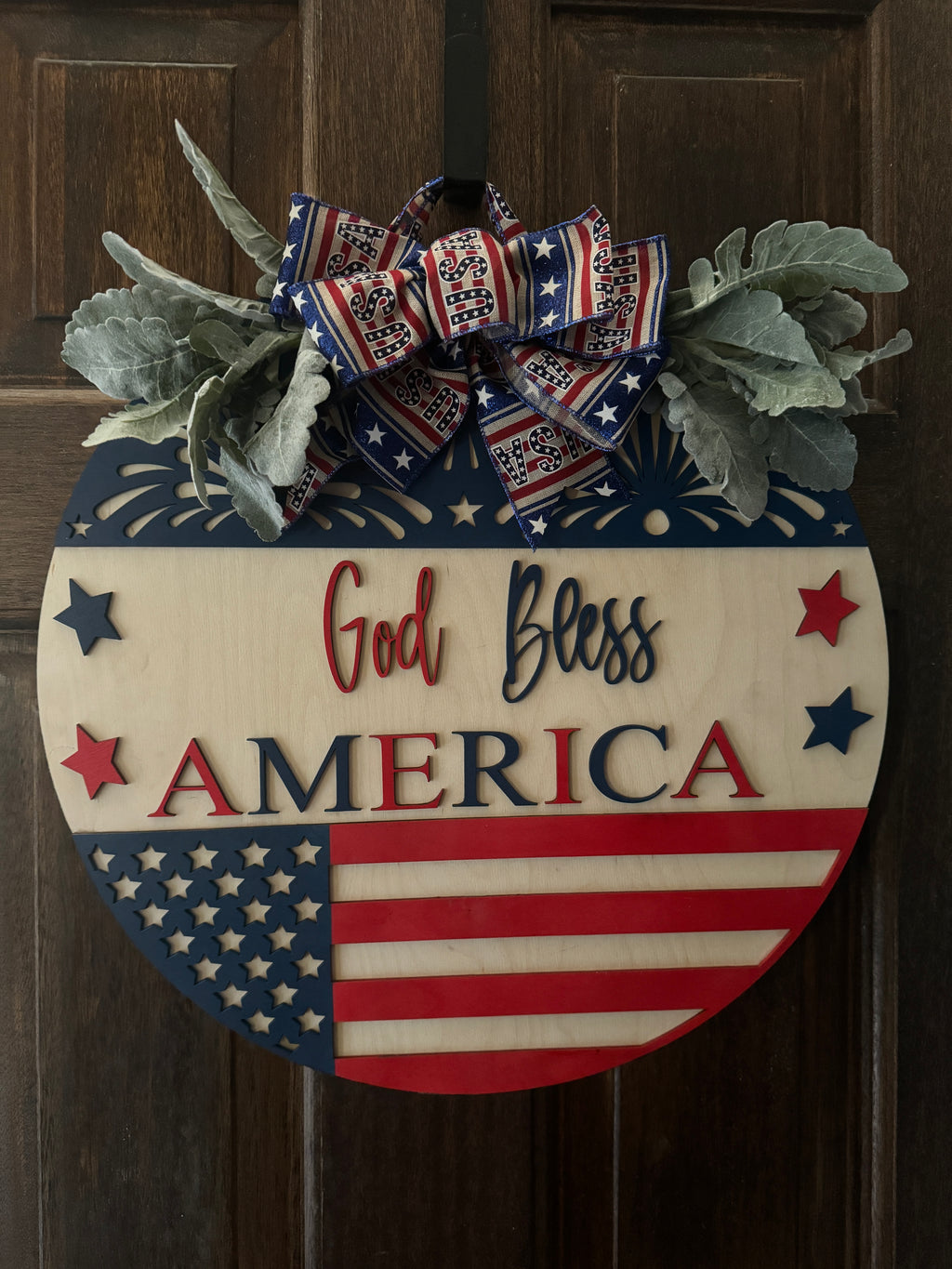 God Bless America Door Hanger | 19" Patriotic Round Sign | Hand Painted Birch Wood | 4th of July Front Door Decor