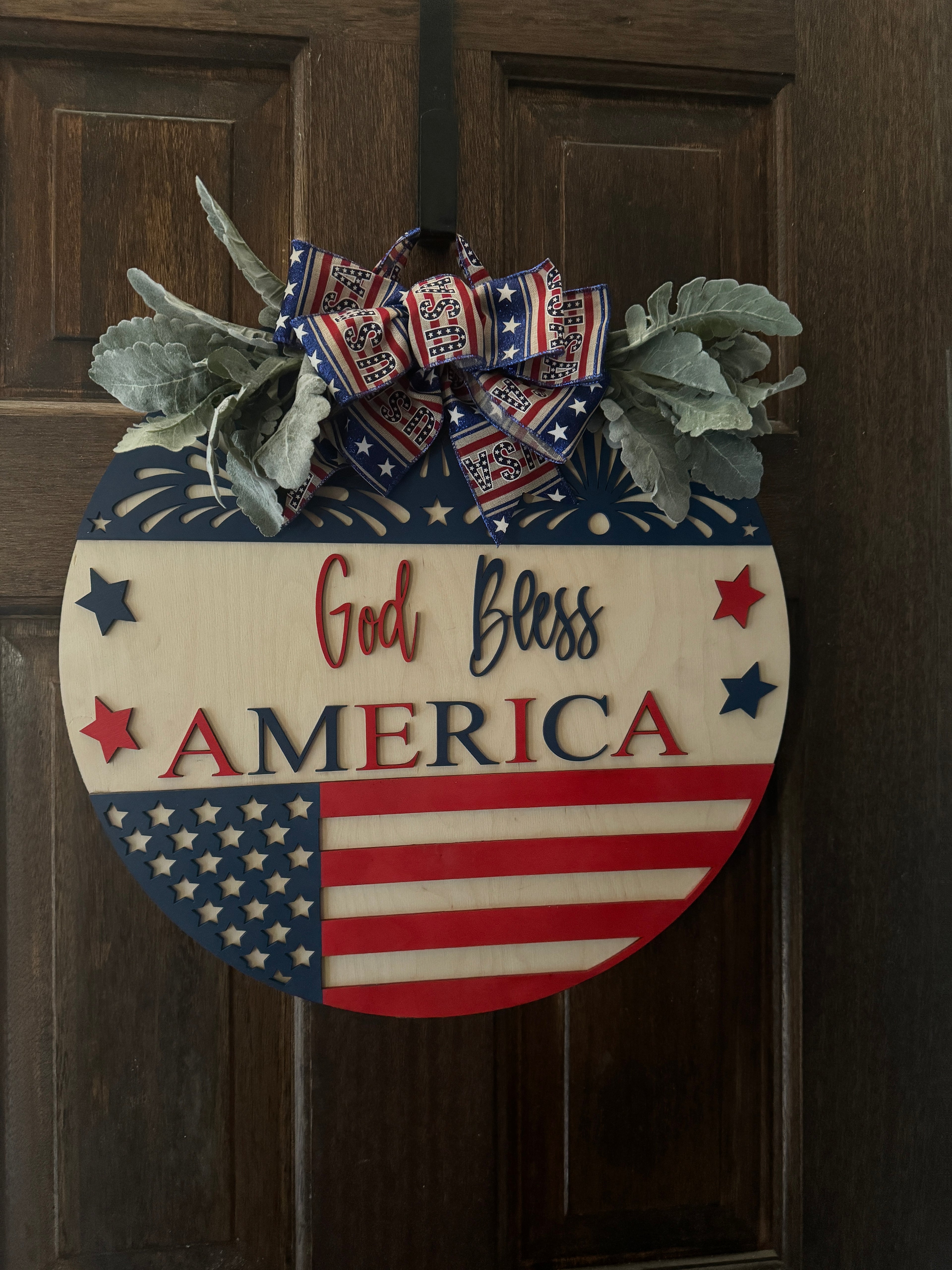 God Bless America Door Hanger | 19" Patriotic Round Sign | Hand Painted Birch Wood | 4th of July Front Door Decor