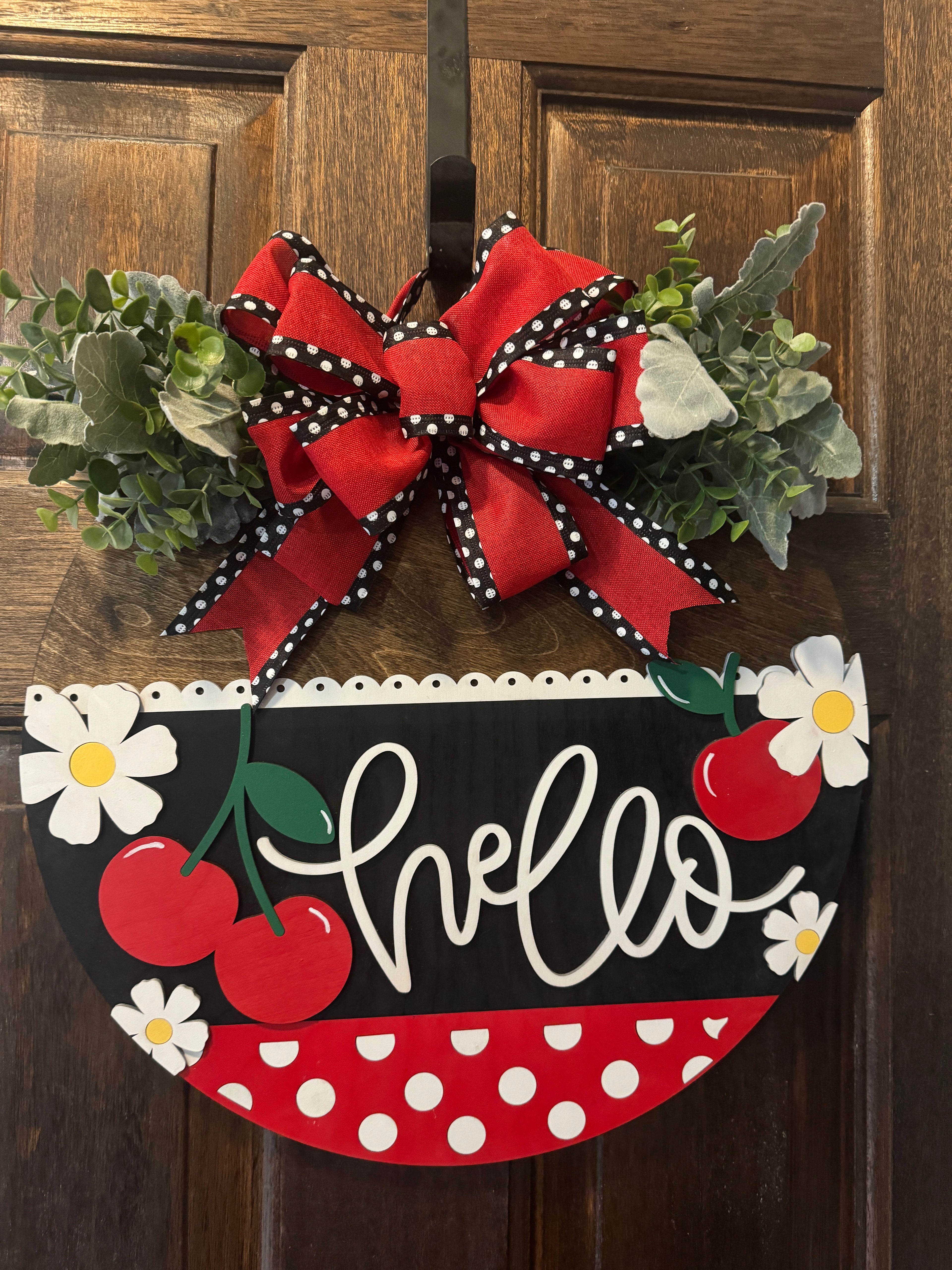 Hello Door Hanger | Red & Black Cherry Wood Round | Front Door Sign | Handcrafted Welcome Sign | Year-Round Porch Decor