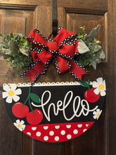 Load image into Gallery viewer, Hello Door Hanger | Red &amp; Black Cherry Wood Round | Front Door Sign | Handcrafted Welcome Sign | Year-Round Porch Decor
