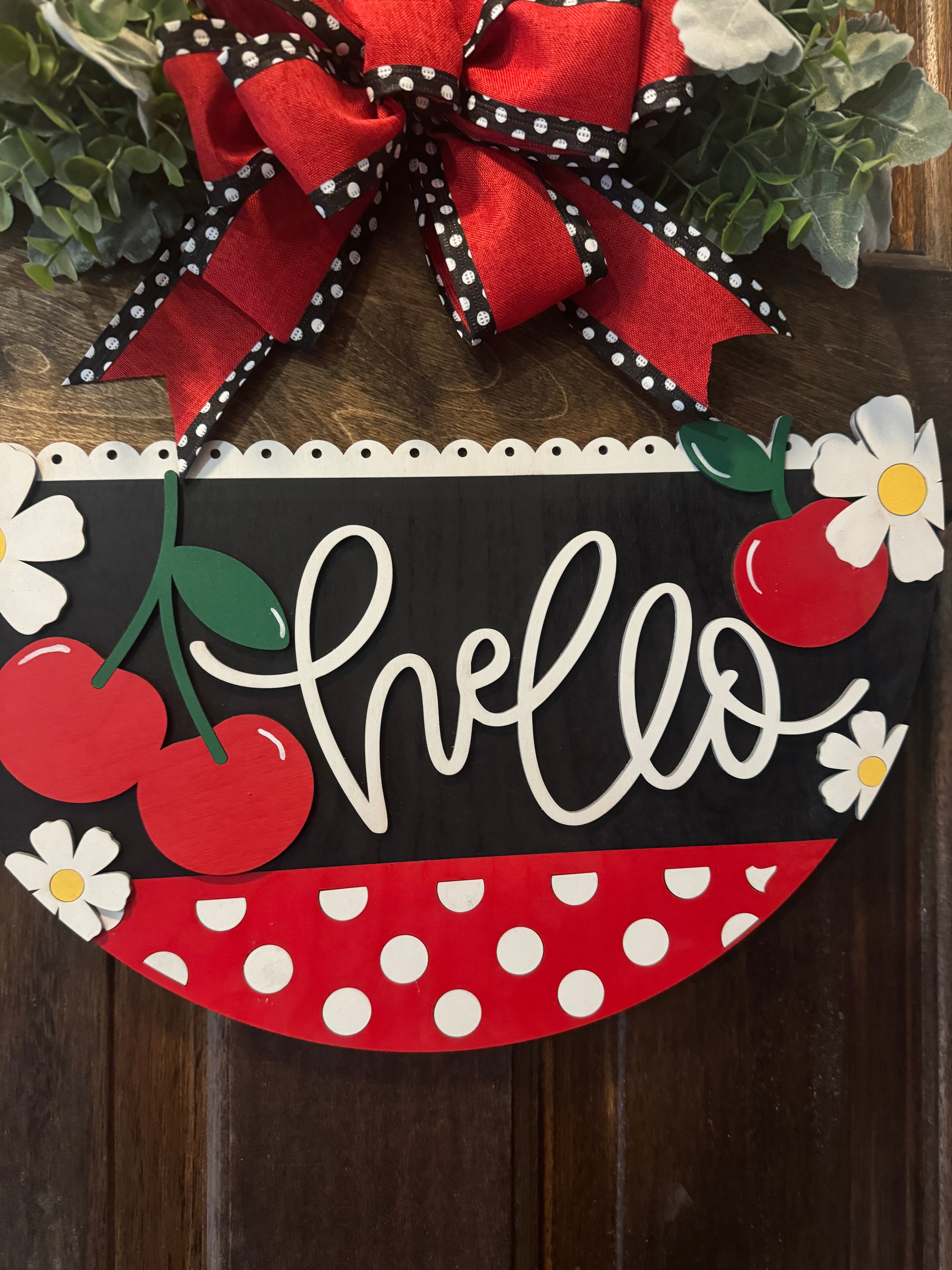 Hello Door Hanger | Red & Black Cherry Wood Round | Front Door Sign | Handcrafted Welcome Sign | Year-Round Porch Decor