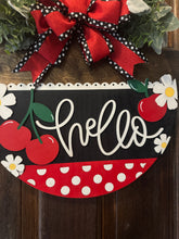 Load image into Gallery viewer, Hello Door Hanger | Red &amp; Black Cherry Wood Round | Front Door Sign | Handcrafted Welcome Sign | Year-Round Porch Decor
