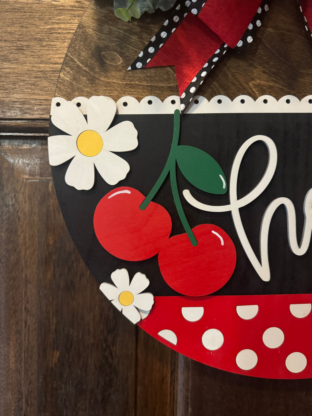 Hello Door Hanger | Red & Black Cherry Wood Round | Front Door Sign | Handcrafted Welcome Sign | Year-Round Porch Decor