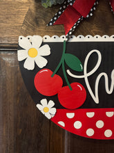 Load image into Gallery viewer, Hello Door Hanger | Red &amp; Black Cherry Wood Round | Front Door Sign | Handcrafted Welcome Sign | Year-Round Porch Decor
