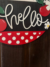 Load image into Gallery viewer, Hello Door Hanger | Red &amp; Black Cherry Wood Round | Front Door Sign | Handcrafted Welcome Sign | Year-Round Porch Decor
