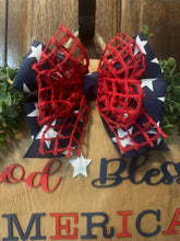 Load image into Gallery viewer, God Bless America Door Hanger | 19&quot; Patriotic Round Sign | Hand Painted Birch Wood | 4th of July Front Door Decor
