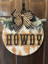 Load image into Gallery viewer, Rustic Howdy Cow Print Door Hanger
