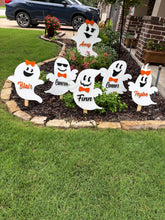 Load image into Gallery viewer, Personalized Ghost Yard Stakes – 6 Piece Wooden Halloween Décor Set – Laser Cut Faces &amp; Bows – Custom Family Name Ghosts
