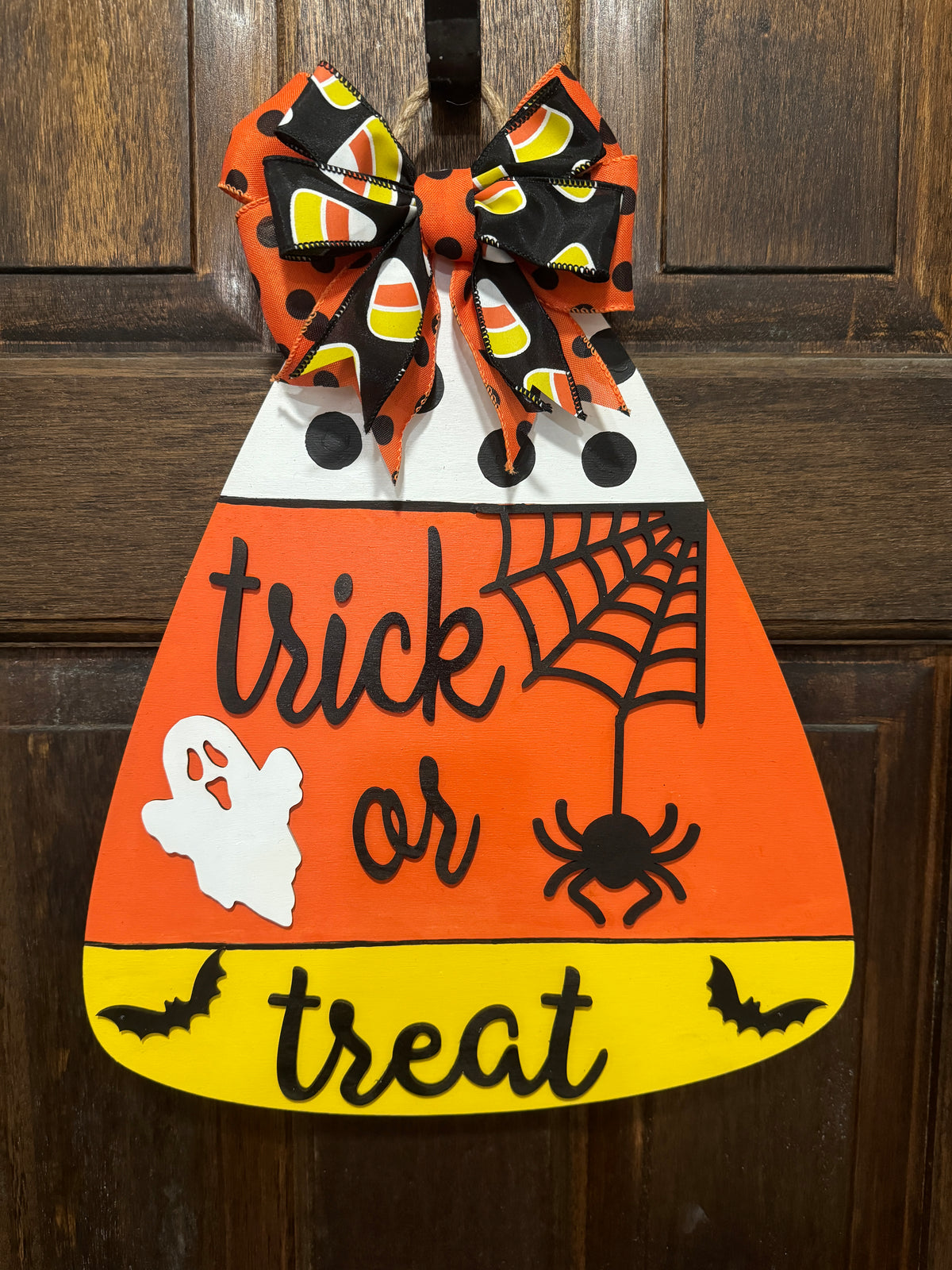 Trick or Treat Candy Corn Door Hanger | Wooden Halloween Sign | Hand Painted & Laser Cut | Ghost, Spider & Bat Décor