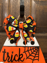 Load image into Gallery viewer, Trick or Treat Candy Corn Door Hanger | Wooden Halloween Sign | Hand Painted &amp; Laser Cut | Ghost, Spider &amp; Bat Décor
