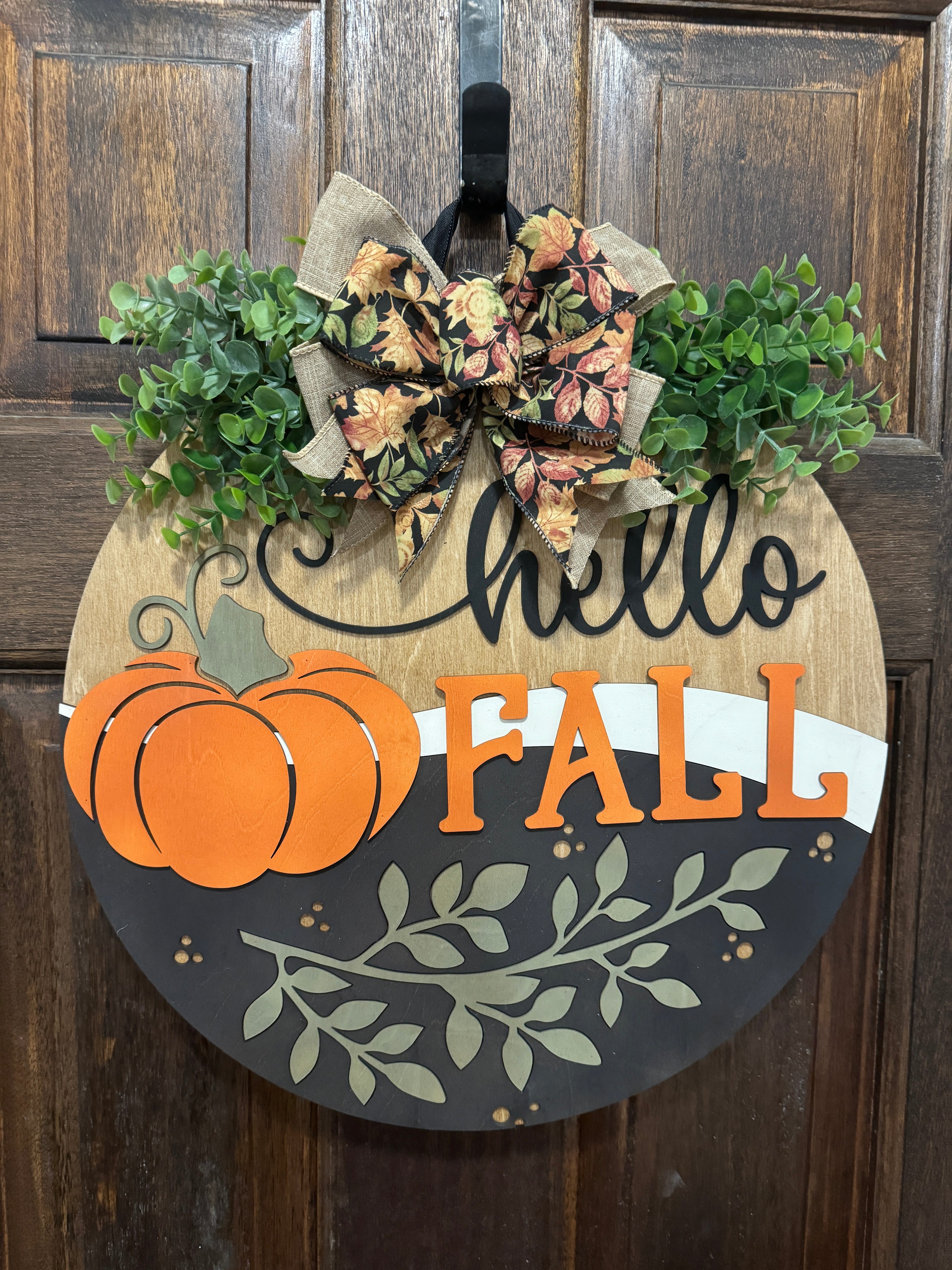 Hello Fall Door Hanger,  18" Round Birch Wood Sign, Farmhouse Front Door Decoration