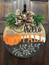 Load image into Gallery viewer, Hello Fall Door Hanger,  18&quot; Round Birch Wood Sign, Farmhouse Front Door Decoration
