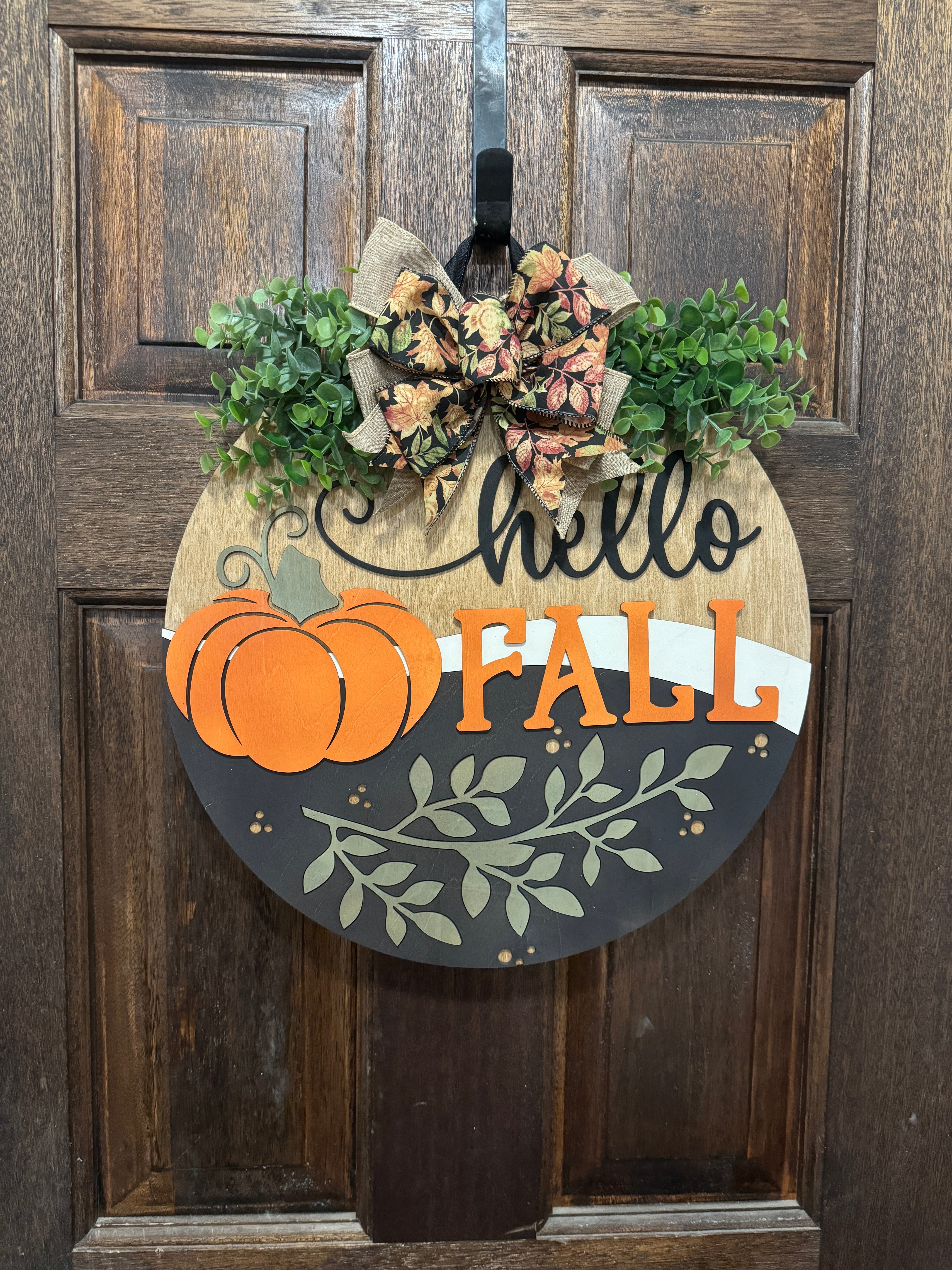 Hello Fall Door Hanger,  18" Round Birch Wood Sign, Farmhouse Front Door Decoration