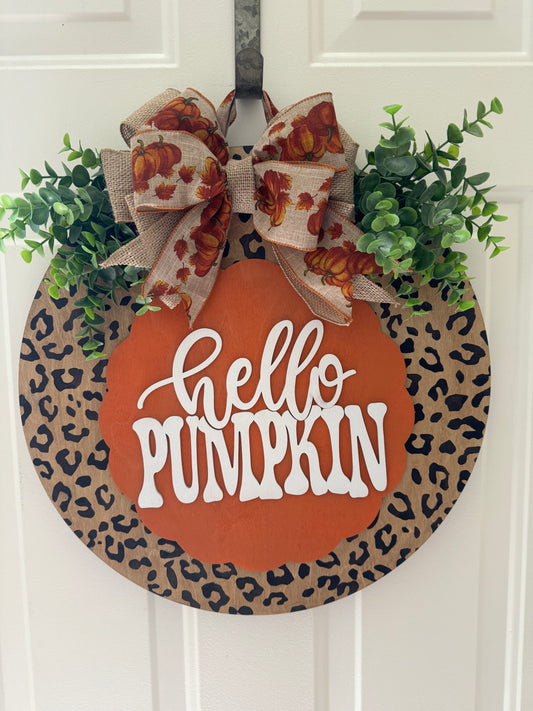 "Hello Pumpkin" Leopard Print Door Hanger | Scalloped Wood Sign with Eucalyptus Greenery & Pumpkin Bow | Fall Front Door Decor