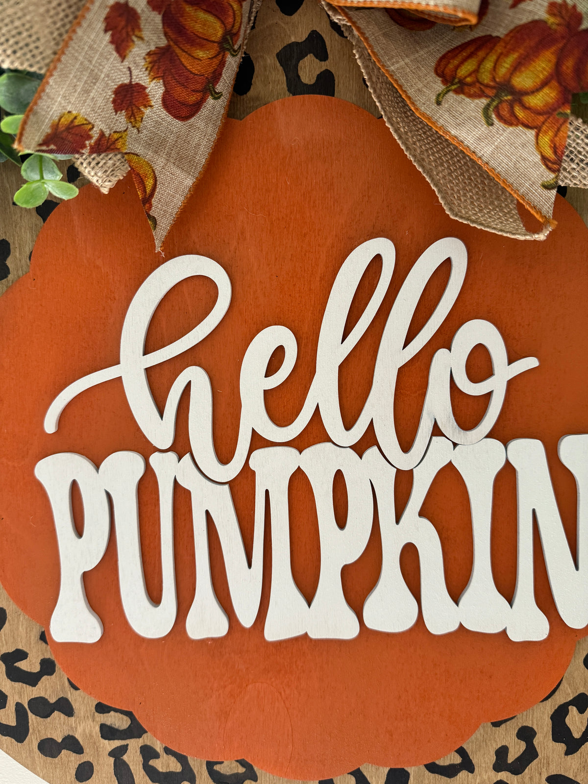 "Hello Pumpkin" Leopard Print Door Hanger | Scalloped Wood Sign with Eucalyptus Greenery & Pumpkin Bow | Fall Front Door Decor