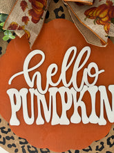Load image into Gallery viewer, "Hello Pumpkin" Leopard Print Door Hanger | Scalloped Wood Sign with Eucalyptus Greenery &amp; Pumpkin Bow | Fall Front Door Decor
