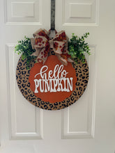 Load image into Gallery viewer, "Hello Pumpkin" Leopard Print Door Hanger | Scalloped Wood Sign with Eucalyptus Greenery &amp; Pumpkin Bow | Fall Front Door Decor
