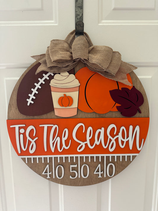 "Tis The Season" Fall Football Door Hanger | Yardline Wood Sign with Pumpkin Spice Latte & Pumpkins | Autumn Sports Porch Decor | Burlap Bow