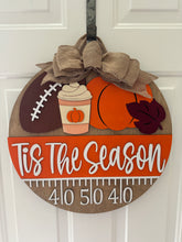 Load image into Gallery viewer, "Tis The Season" Fall Football Door Hanger | Yardline Wood Sign with Pumpkin Spice Latte &amp; Pumpkins | Autumn Sports Porch Decor | Burlap Bow
