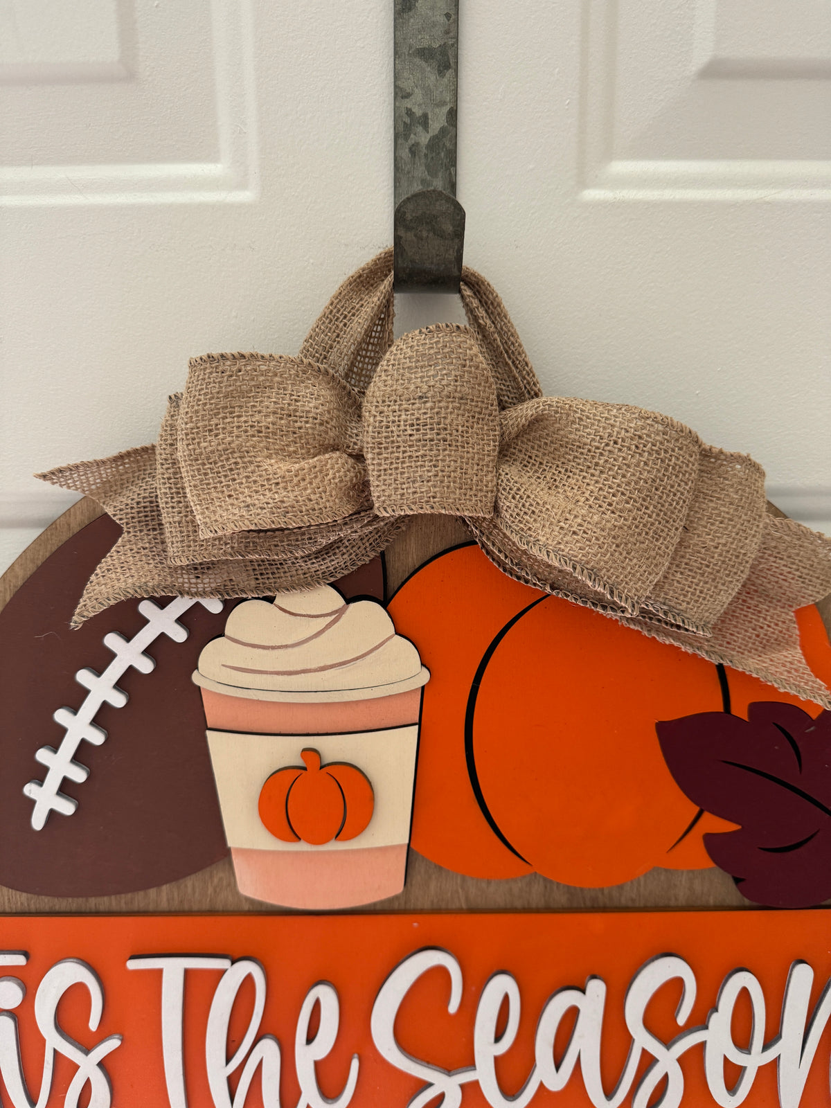 "Tis The Season" Fall Football Door Hanger | Yardline Wood Sign with Pumpkin Spice Latte & Pumpkins | Autumn Sports Porch Decor | Burlap Bow