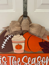 Load image into Gallery viewer, "Tis The Season" Fall Football Door Hanger | Yardline Wood Sign with Pumpkin Spice Latte &amp; Pumpkins | Autumn Sports Porch Decor | Burlap Bow
