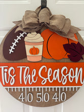 Load image into Gallery viewer, "Tis The Season" Fall Football Door Hanger | Yardline Wood Sign with Pumpkin Spice Latte &amp; Pumpkins | Autumn Sports Porch Decor | Burlap Bow
