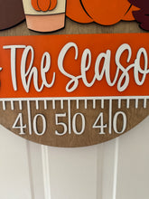 Load image into Gallery viewer, "Tis The Season" Fall Football Door Hanger | Yardline Wood Sign with Pumpkin Spice Latte &amp; Pumpkins | Autumn Sports Porch Decor | Burlap Bow
