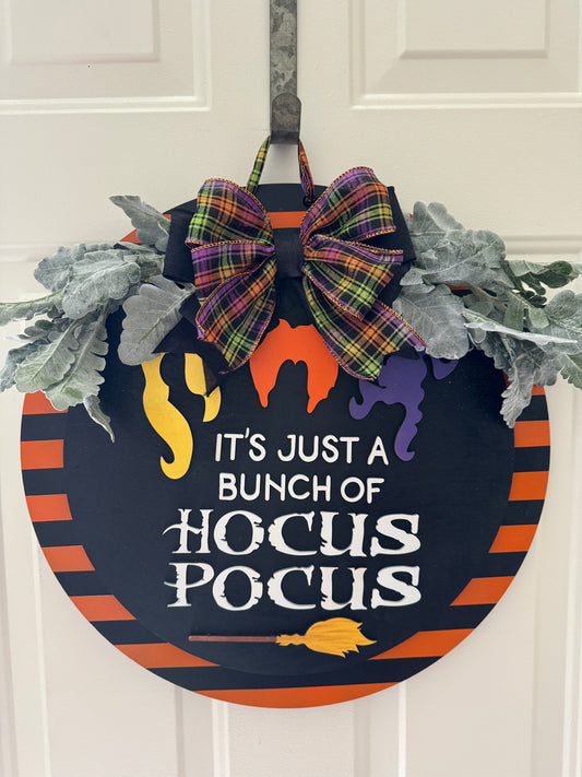 "Hocus Pocus" Halloween Door Hanger | Witch Hair Wood Sign with Plaid Bow | Orange & Black Striped Round Sign | Fall Front Door Decor