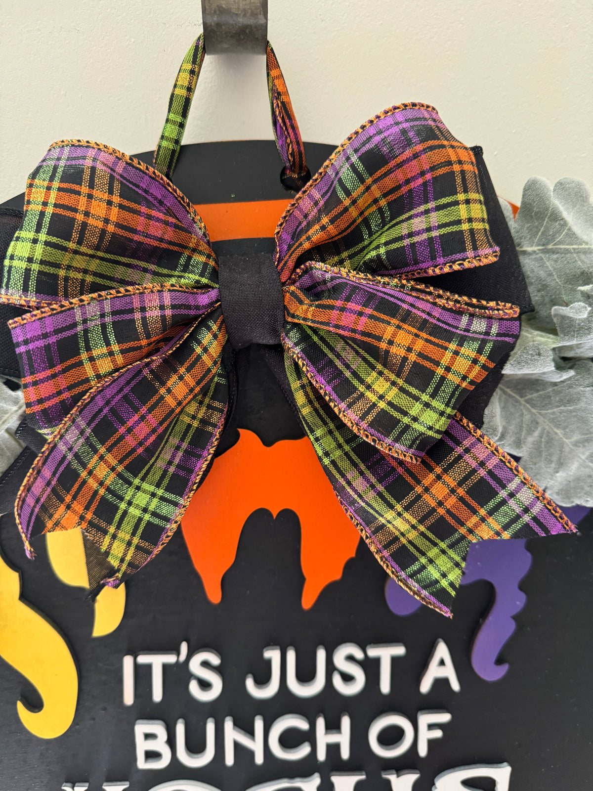 "Hocus Pocus" Halloween Door Hanger | Witch Hair Wood Sign with Plaid Bow | Orange & Black Striped Round Sign | Fall Front Door Decor