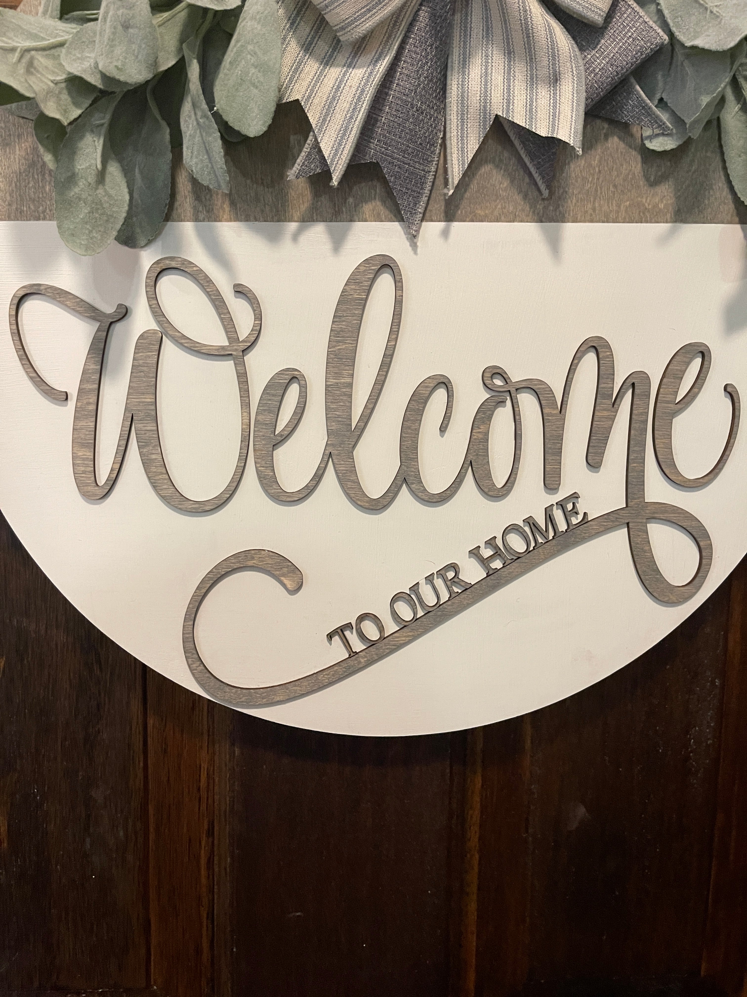 Gray and White Welcome To Out Home Door Hanger