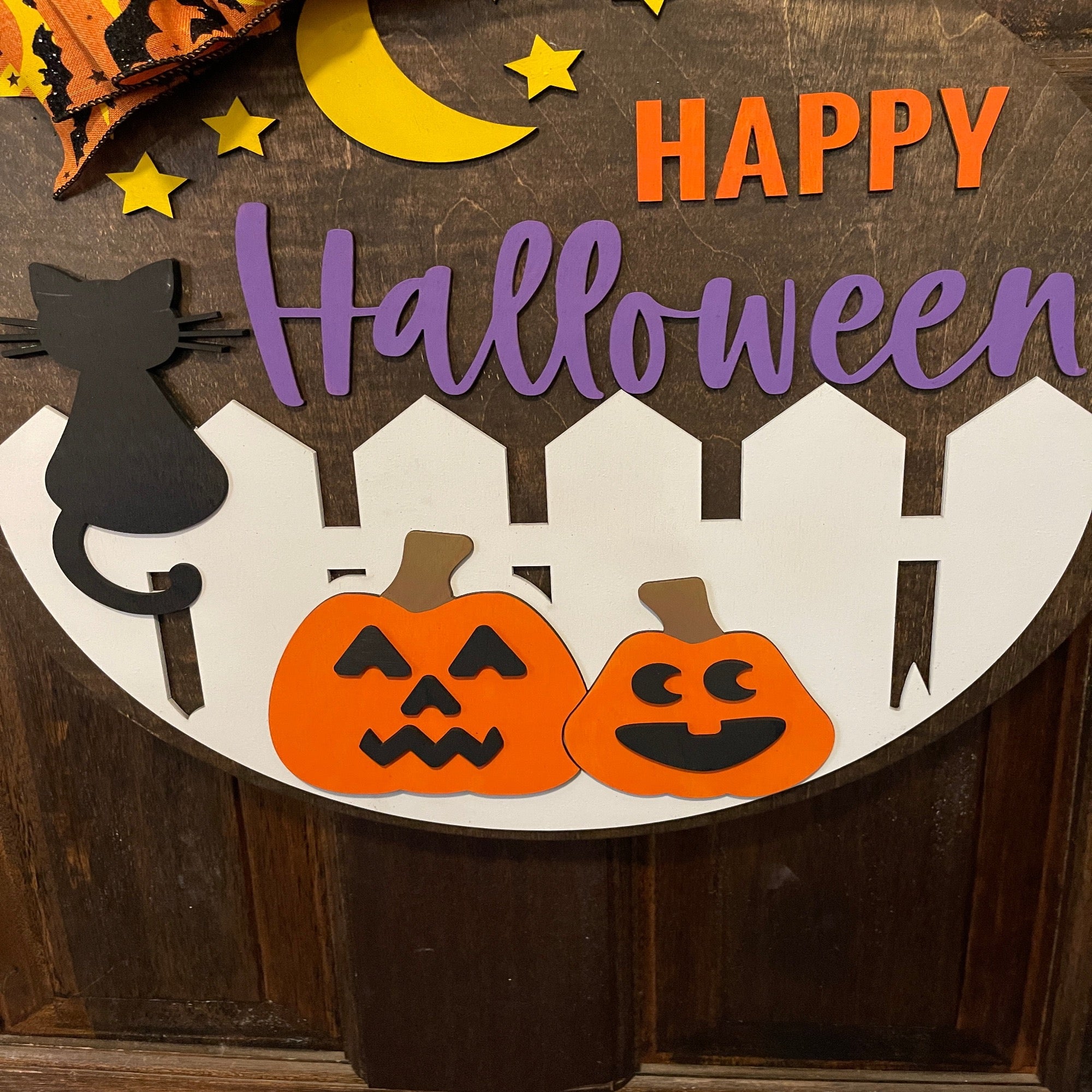 Happy Halloween Black Cat On A Fence With Jack-o-lanterns