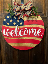 Load image into Gallery viewer, Rustic Flag Welcome Door Hanger
