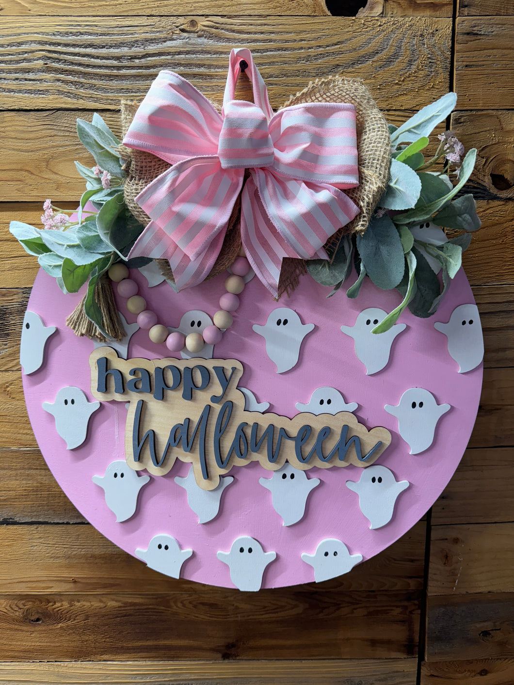 Happy Halloween Pink With White Ghost Door Hanger