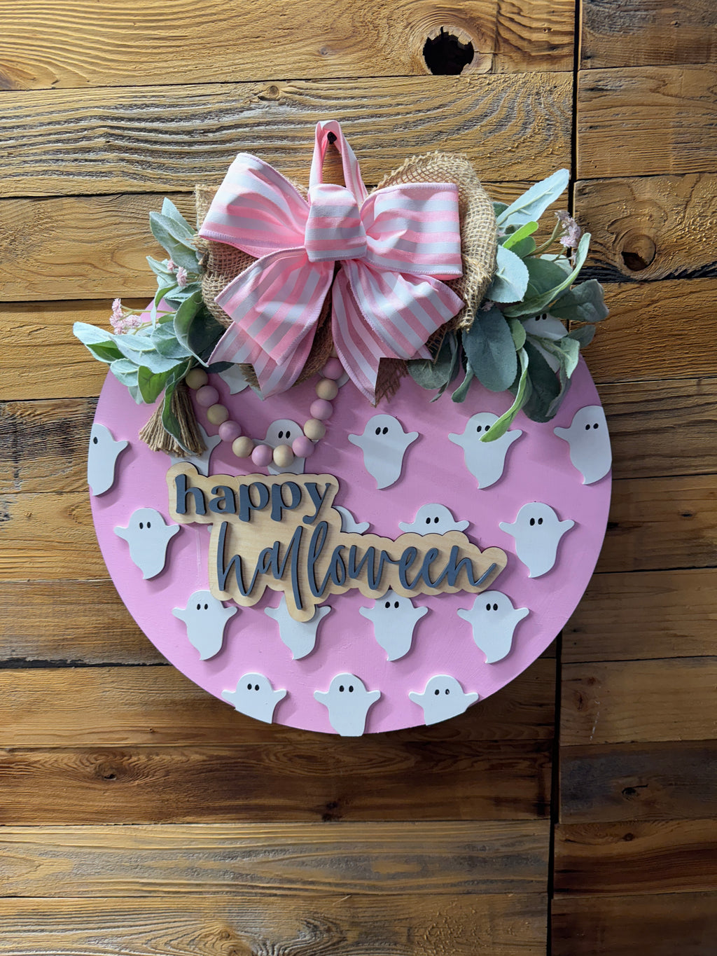 Happy Halloween Pink With White Ghost Door Hanger