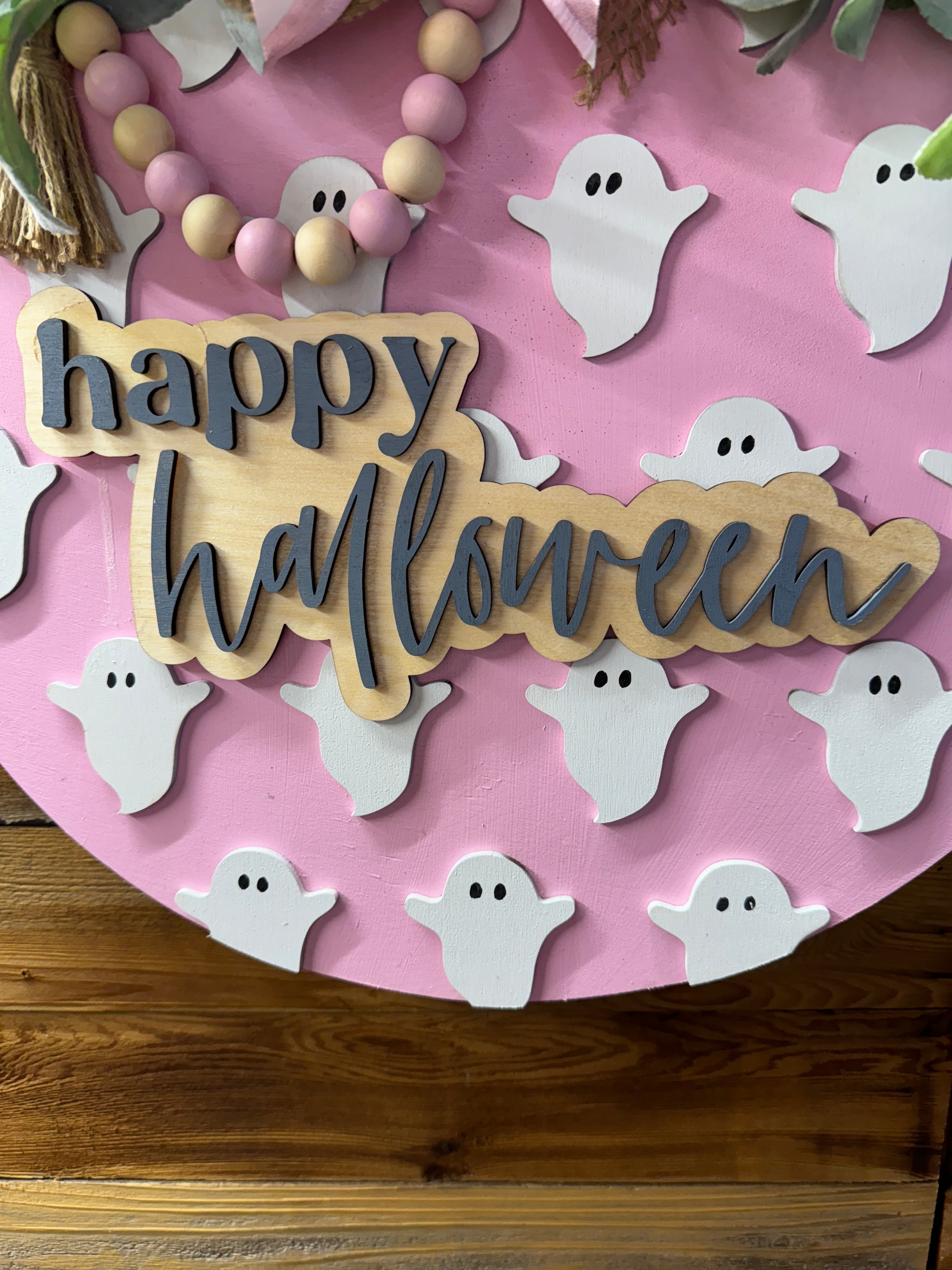 Happy Halloween Pink With White Ghost Door Hanger